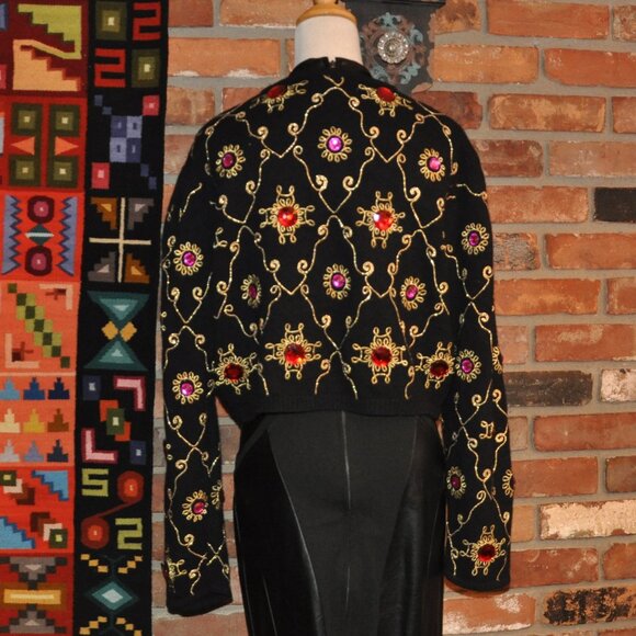 Vtg Magnolia BLACK Wool Angora KNIT CARDIGAN SWEATER Embroidery L Gems - Picture 4 of 10
